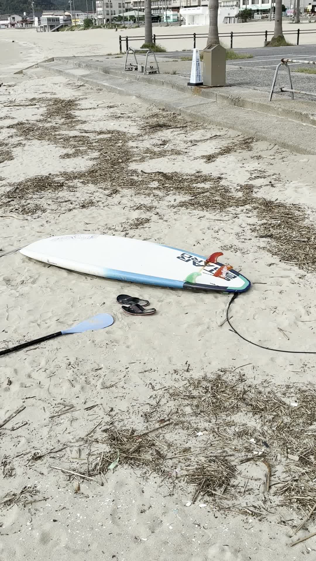 浜辺に置かれたSUPボードとパドル